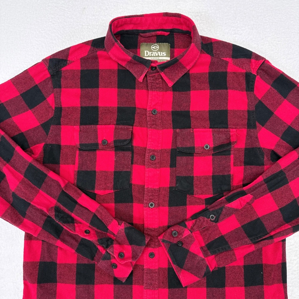 Dravus Flannel Shirt Mens Size Large Red Black Buffalo Plaid Button Up Workwear - Picture 3 of 10